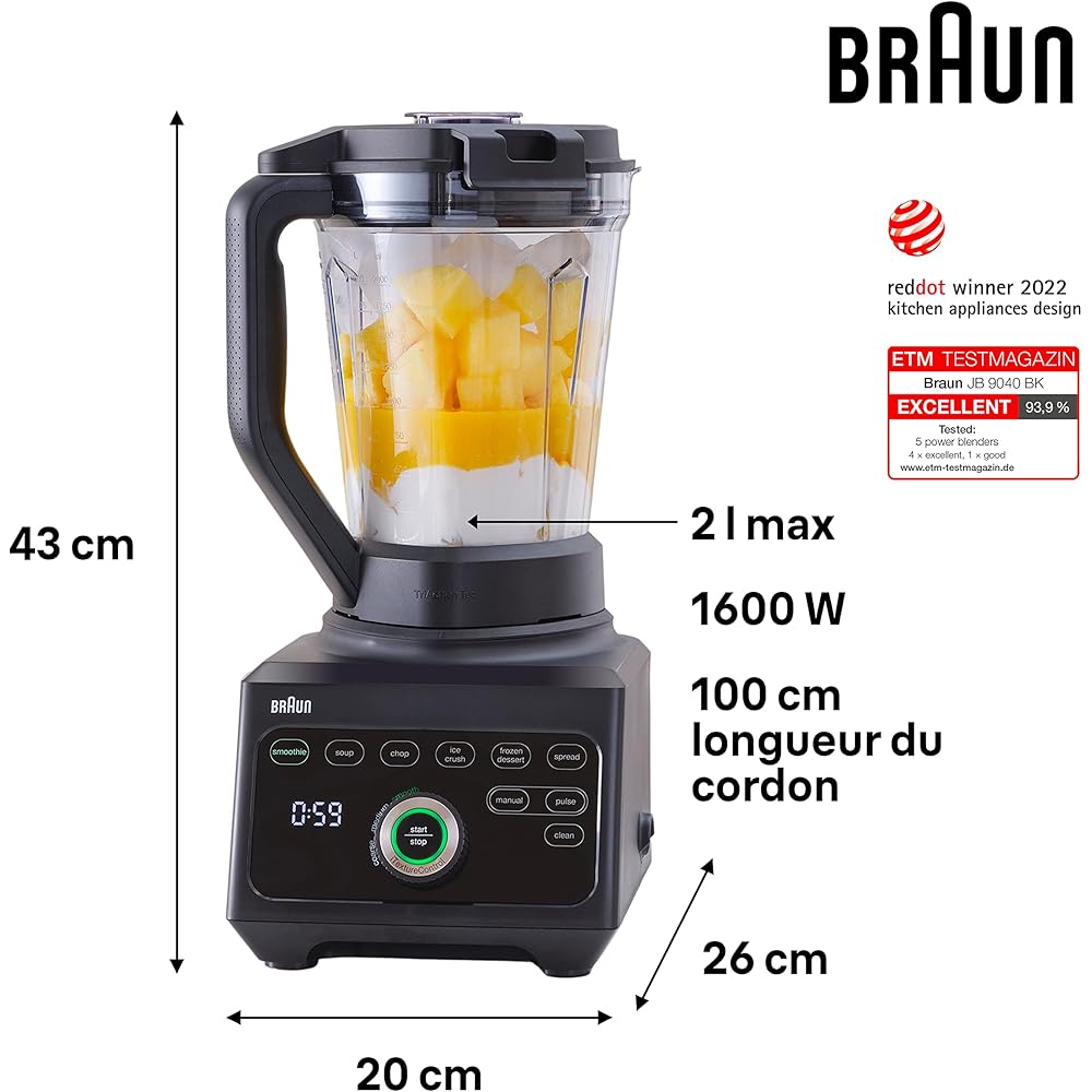 Braun Blender Triforce Power Blender JB 9040 avec carafe triple angle, 10 réglages de vitesse manuels, moteur de 1600 W, facile à nettoyer, noir : Cuisine et Maison