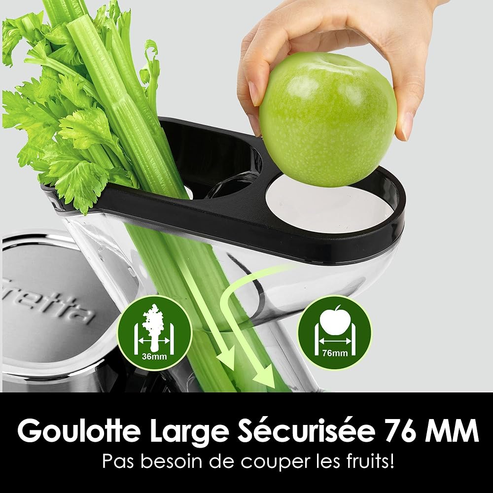 Fretta Extracteur de Jus à Froid avec Large Goulotte 76mm, Sans BPA & Corps en acier inoxydable, Extraction Lente pour Maximum de Nutriments, Facile à Nettoyer : Cuisine et Maison
