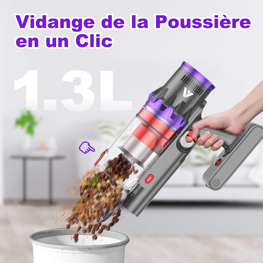 coovy SU7 Aspirateur Balai sans Fil 580W/45Kpa/70Mins, Aspirateur sans Fil Puissant, Chargement Mural, Écrans Tactiles LED, 1,3L Capacité, pour Sols Durs/Tapis/Les Poils d'animaux : Cuisine et Maison