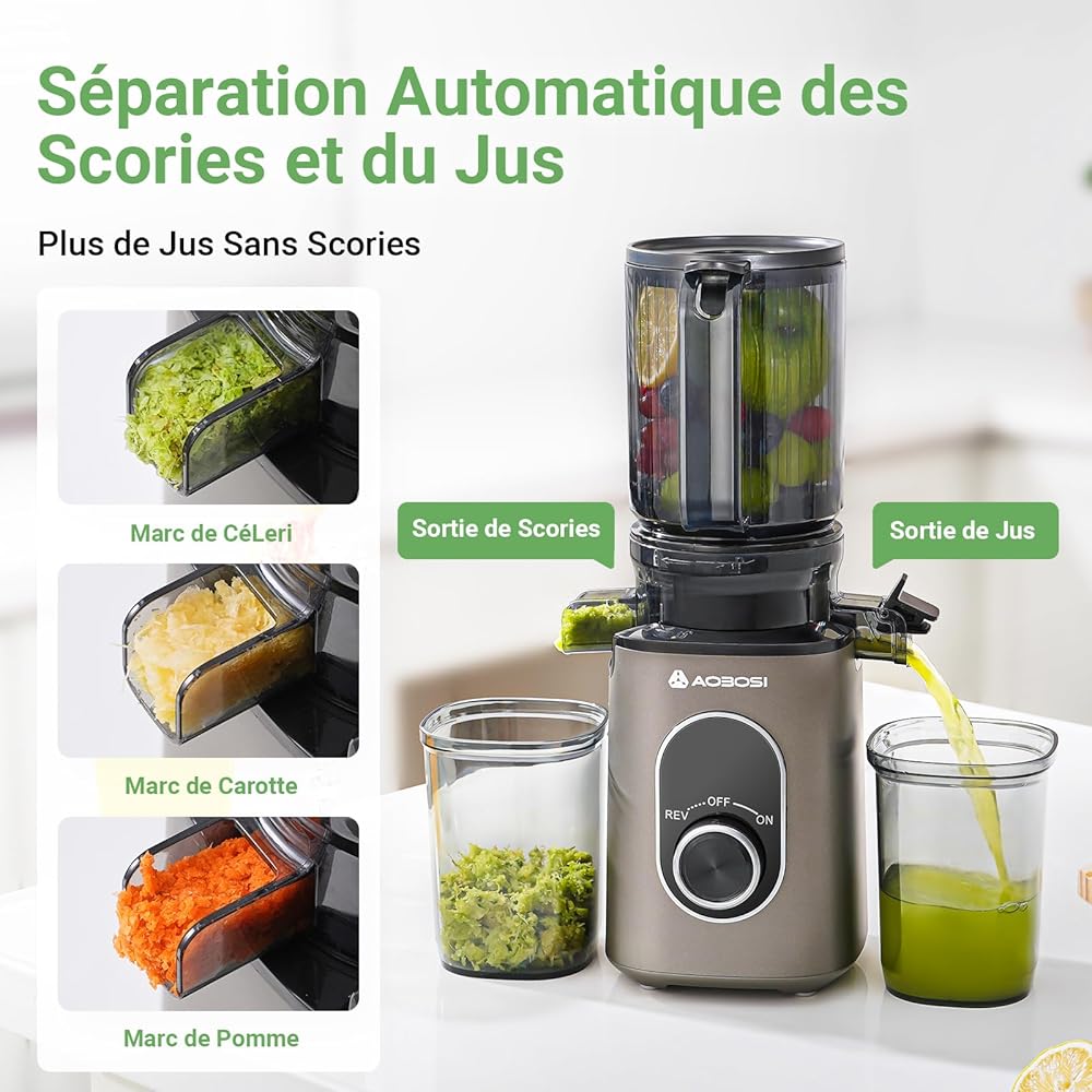 AAOBOSI Extracteur de Jus, Extracteur de Jus de Fruits et Légumes Ouverture de 110 mm, Fonction de Mastication Inversée,Sans BPA, avec 2 Tasses et Brosse, adapté à tous les Fruits et Légumes : Cuisine et Maison