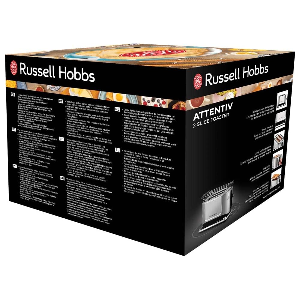 Russell Hobbs Grille Pain [Programmable] Attentiv (Fentes extra larges, Tactile, mémorisele brunissage, Tout type de pain, Surélévation, Chauffe Viennoiserie,Tiroir Ramasse Miettes) Toaster 26210-56 : Cuisine et Maison