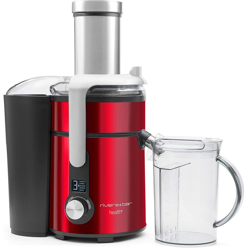 Riviera-et-Bar, PCJ677, Centrifugeuse Digitale Inox, 1300W, Rouge, Capacité 1,2L, Tube Alimentaire 84mm, Bac à Pulpe 2L, 5 Vitesses, Accessoires Inclus, Idéale pour Jus Frais Maison : Cuisine et Maison