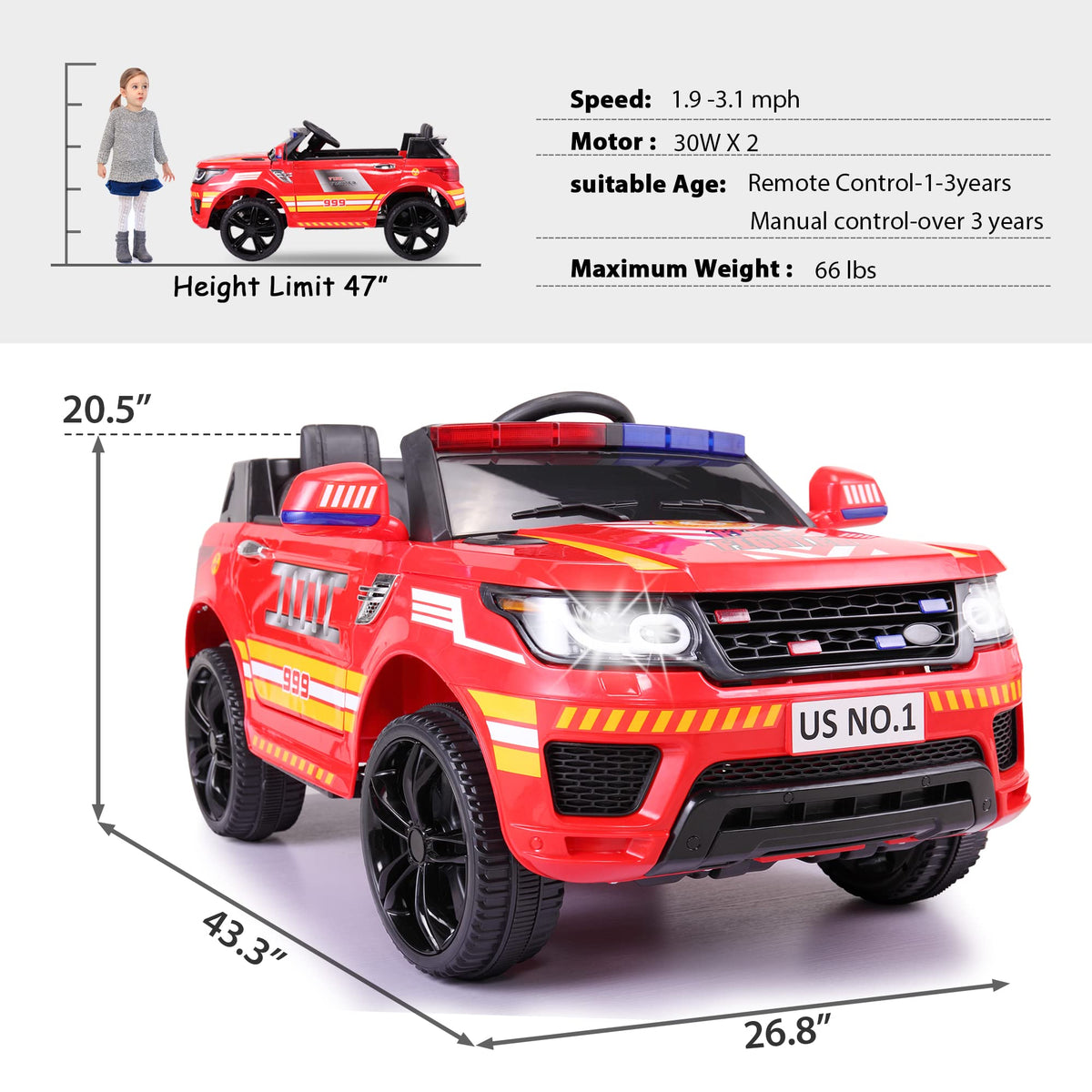 TOBBI Kinder-Elektro-Feuerwehrauto, 12V, mit Fernbedienung
