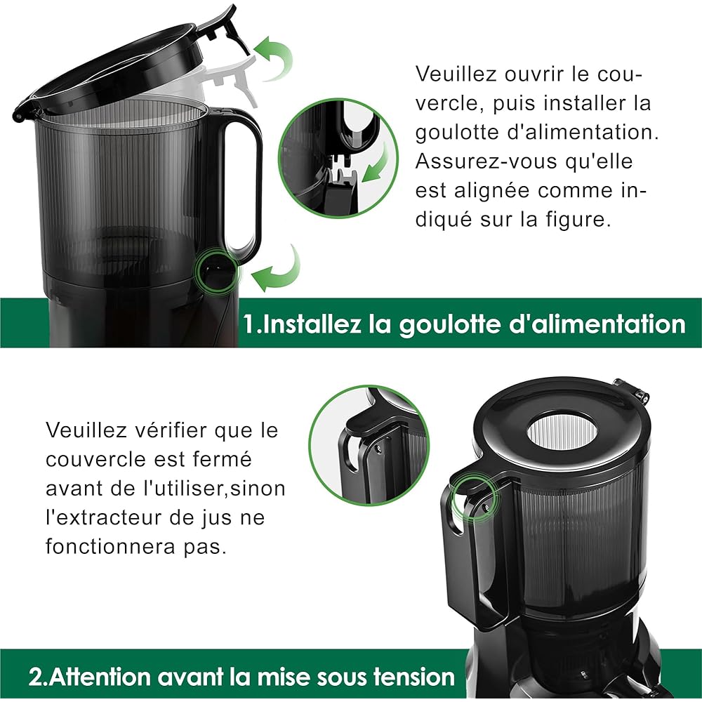 Extracteur de jus, Fretta Extracteur de jus de fruits et légumes, Slow Juicer Grand diamètre de 108 mm, 1L Très grande capacité, Pression à Froid, Facile à nettoyer, Sans BPA (Noir, 1L) : Cuisine et Maison