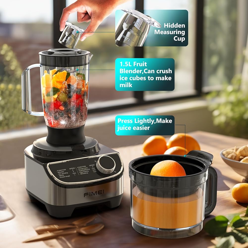 FIMEI Robot culinaire multifonction 1300W, 3 vitesses et fonction pulse, hachoir 3,5L, mixeur 1,5L, moulin, presse agrumes, crochet pétrisseur, fouet, râpe, disque tournant, Sans BPA : Cuisine et Maison
