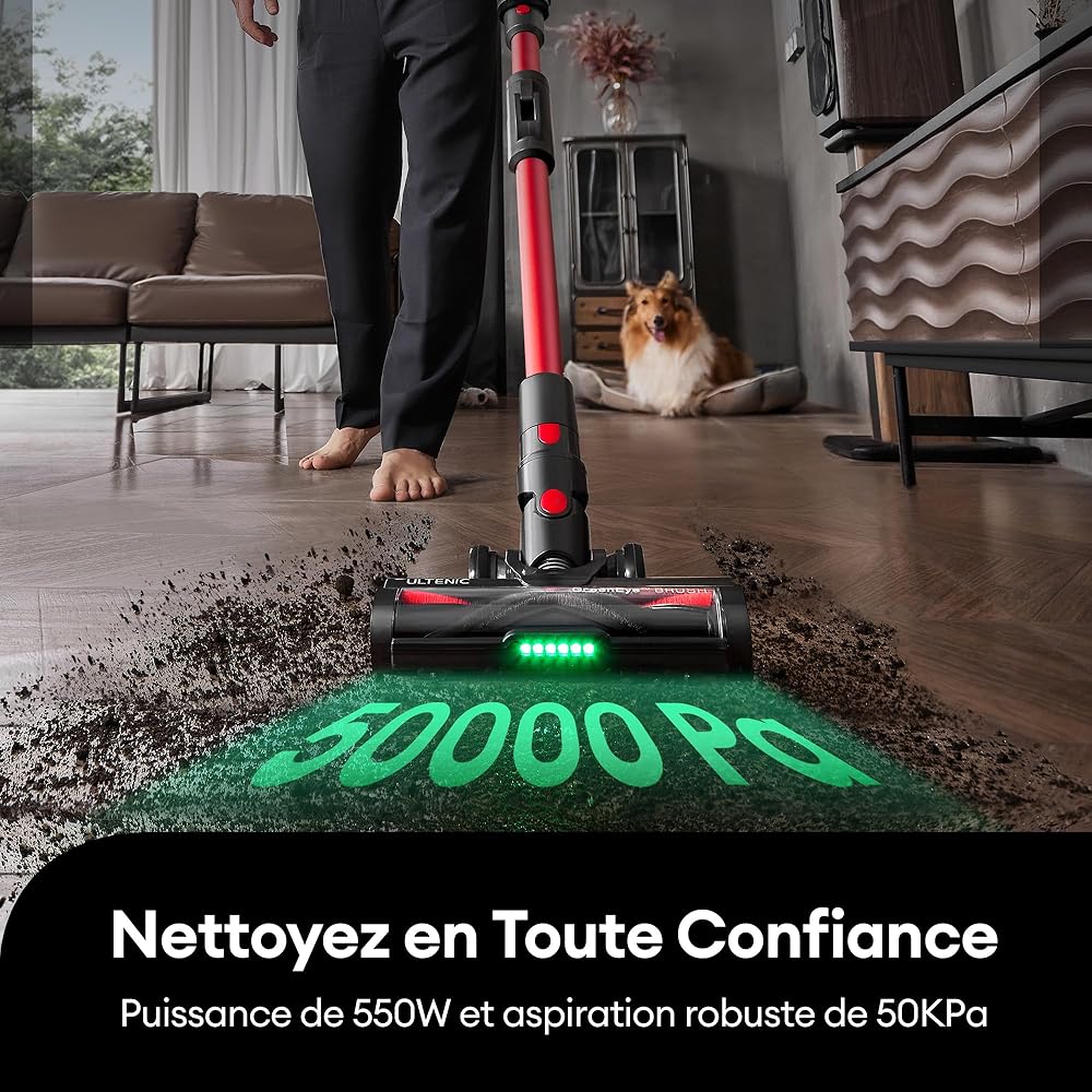 Ultenic U16 Flex Aspirateur Balai sans Fil, 50kPa/60min Aspirateur sans Fil Hyper-Puissant, Technologie GreenEye, Tube Pliable, Brosse Anti-Emmêlement pour Tapis, Poils Animaux, Sol Dur et Voiture : Cuisine et Maison