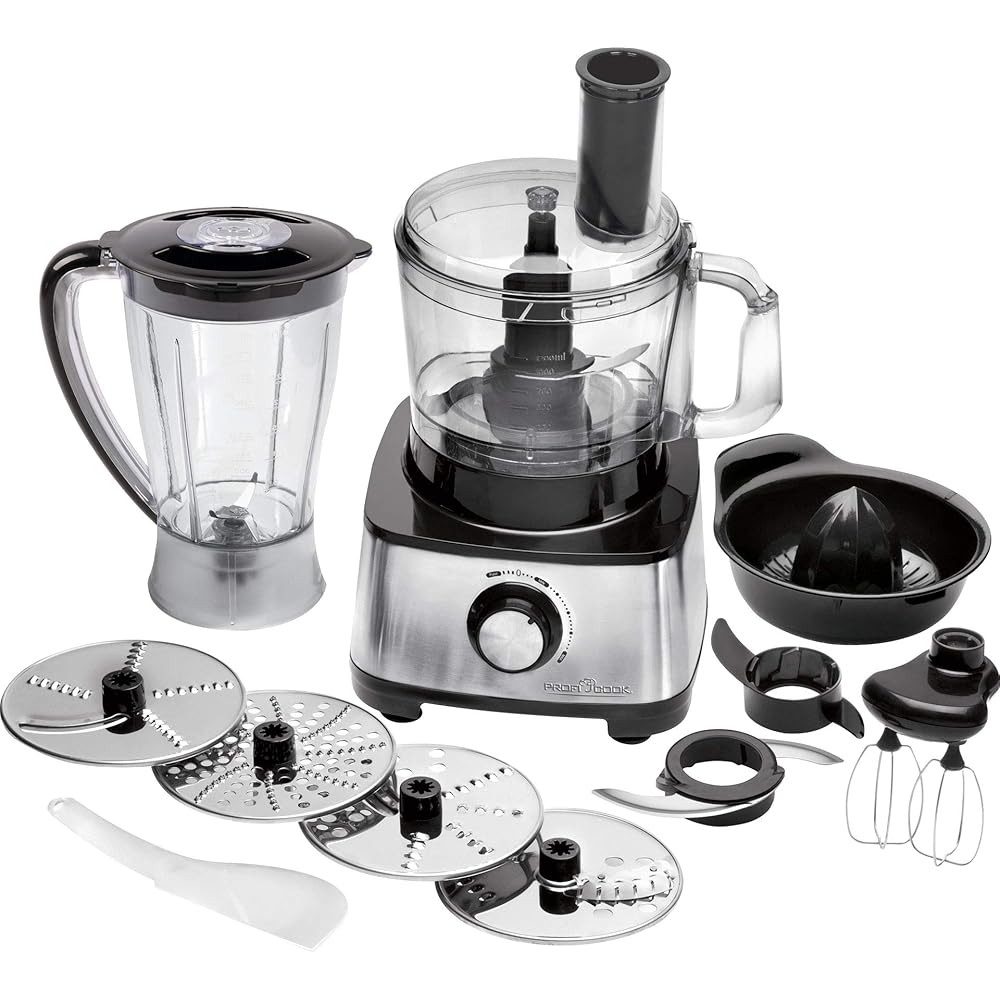 ProfiCook PC-KM 1063 Robot de cuisine compact avec boîtier en acier inoxydable, couper, pétrir, mixer, presse-agrumes, 1.2L, ouverture de remplissage, avec fonction turbo et 11 accessoires, 1200W : Cuisine et Maison
