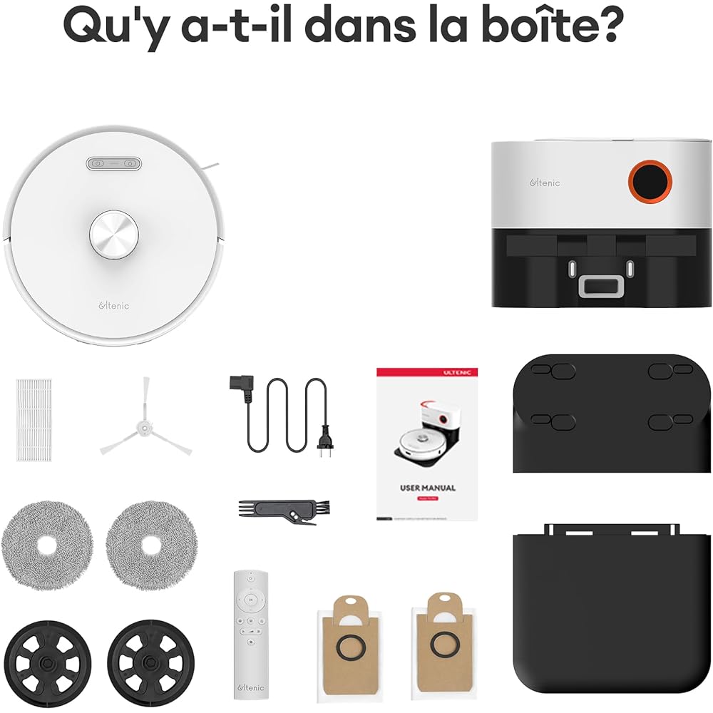 Ultenic T10 Pro Aspirateur Robot Laveur, Station Auto-Vidage 4000pa, Lavage à Serpillière Rotative, Navigation Lidar Cartographie, 200Min Autonomie, Connecté App et Alexa, Détection de Tapis : Cuisine et Maison