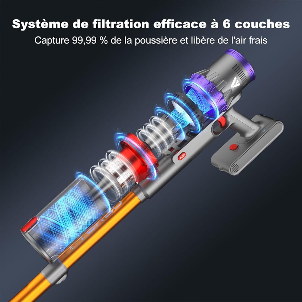coovy SU7 Aspirateur Balai sans Fil 580W/45Kpa/70Mins, Aspirateur sans Fil Puissant, Chargement Mural, Écrans Tactiles LED, 1,3L Capacité, pour Sols Durs/Tapis/Les Poils d'animaux : Cuisine et Maison