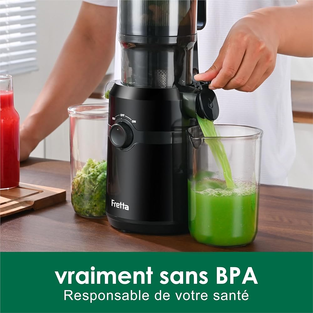 Extracteur de jus, Fretta Extracteur de jus de fruits et légumes, Slow Juicer Grand diamètre de 108 mm, 1L Très grande capacité, Pression à Froid, Facile à nettoyer, Sans BPA (Noir, 1L) : Cuisine et Maison