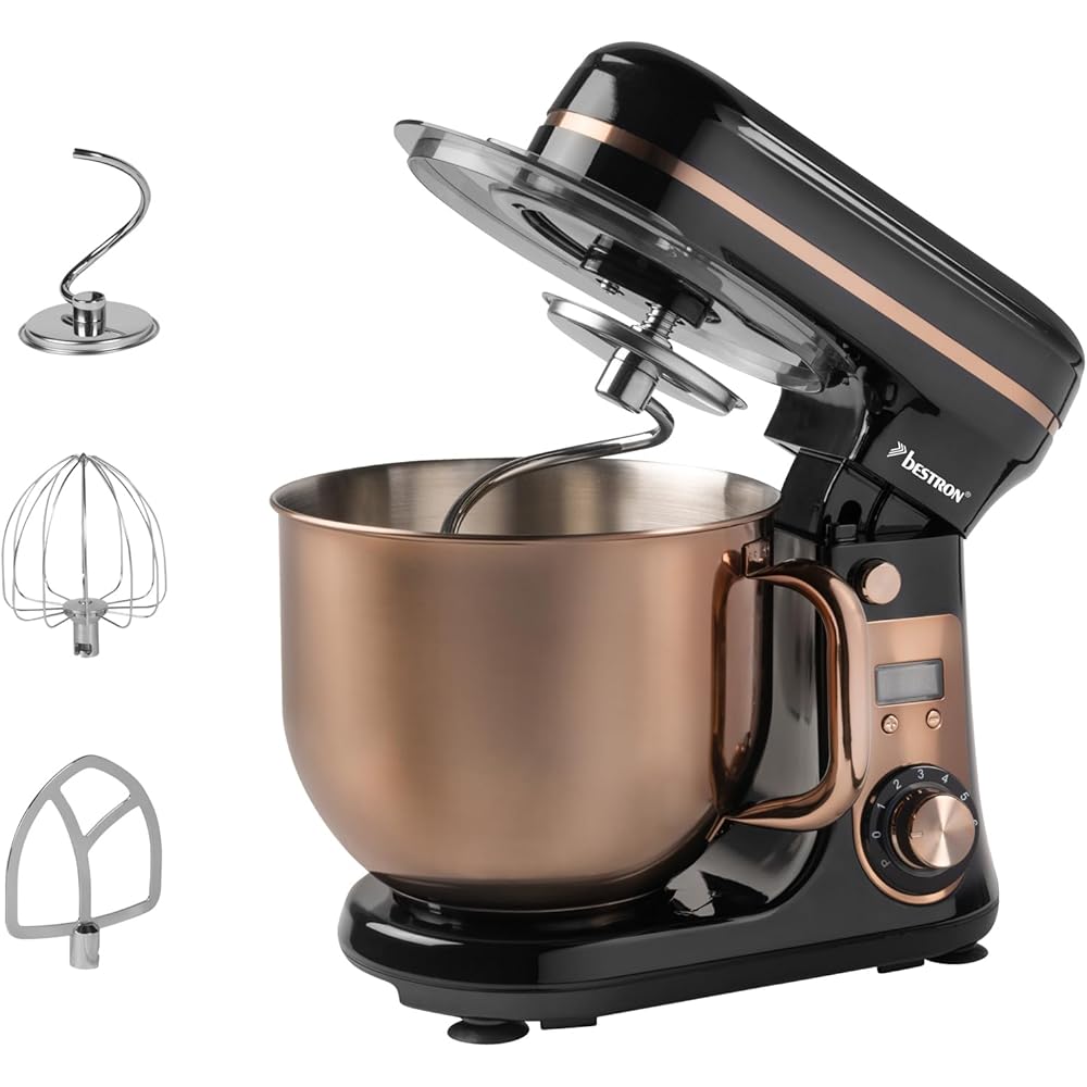 Bestron Robot Patissier, Robot pâtissier super silencieux (65 dB), Robot de cuisine 4-en-1, bol de 6 litres, inclus crochet pétrisseur, fouet et batteur plat, 6 vitesses + fonction Pulse, Cuivre : Cuisine et Maison