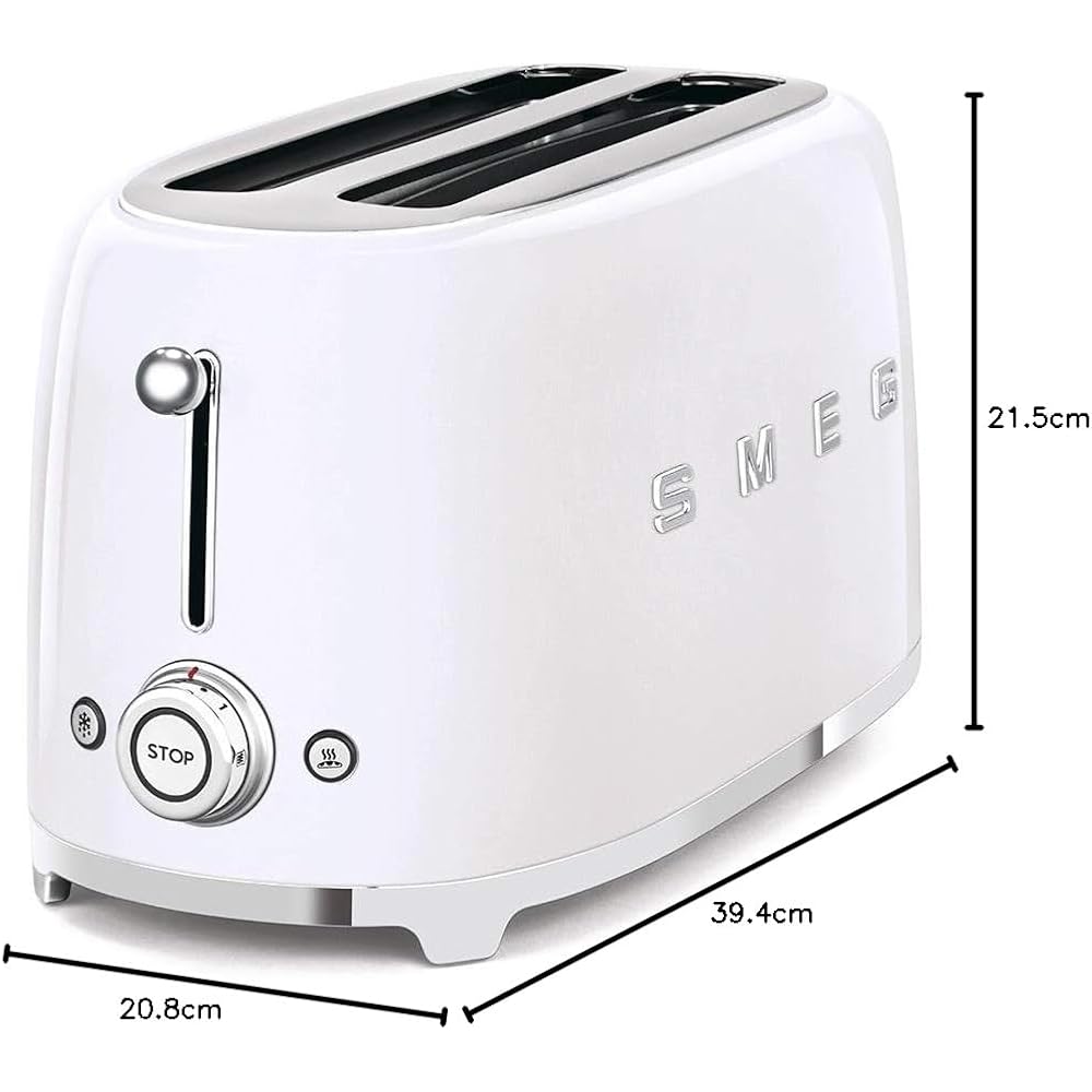 Smeg, Grille-pain 4 Tranches TSF02WHEU, 2 Fentes 36 mm, 6 Niveaux de Brunissage, Fonction Chauffage, Décongélation et Bagel, Éjection Automatique du Pain, Ramasse Miettes, 1500 W, Blanc : Cuisine et Maison
