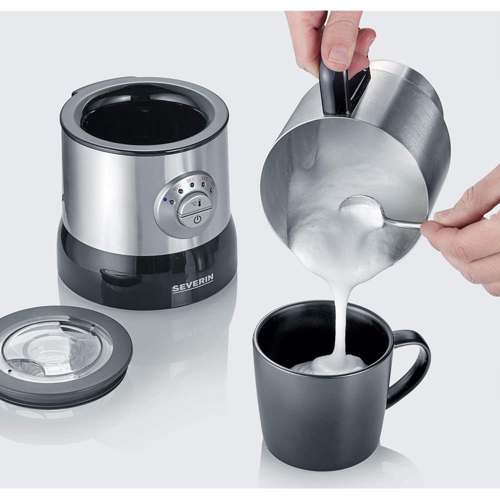 SEVERIN Émulsionneur à lait 500 W, Mousseur de lait à induction, Mousseur à lait électrique, Chocolatière 700 ml, température réglable, inox/noir, SM 3583 : Cuisine et Maison