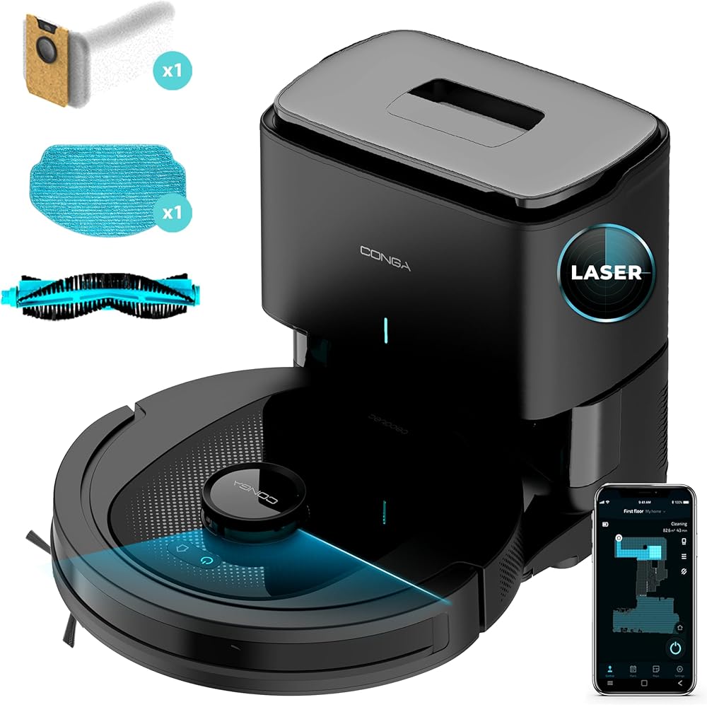 Cecotec Robot Aspirateur Laveur Conga 7490 Ultimate Home X-Treme, 4000 Pa, Aspirateur Robot Navigation Laser, Autonomie 120 Min, Station de Vidange Automatique, Brosse Centrale Multifonction, App : Cuisine et Maison