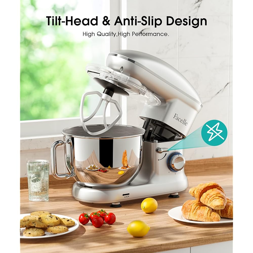 Robot Pâtissier 1500W Facelle Petit électroménager 6,2 L,avec Crochet Pétrisseur,Batteur,Fouet à Fil,protection contre les éclaboussures,pour la cuisson,les gâteaux (Argent) : Cuisine et Maison