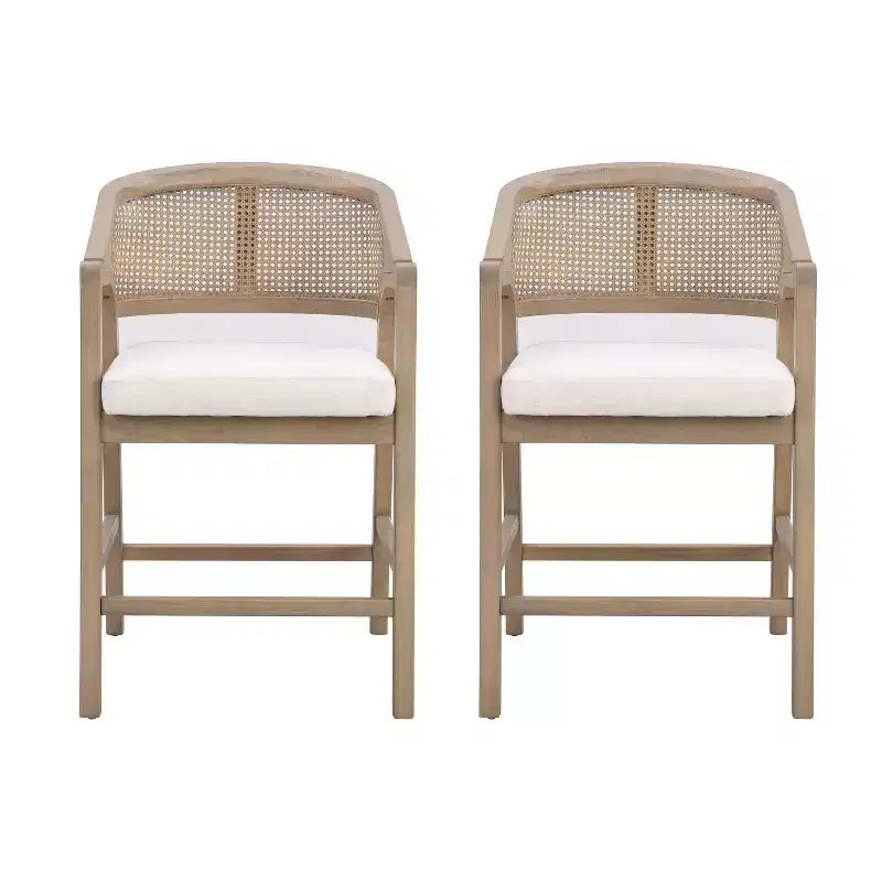 Christopher Knight Home Set of 2 Austin Rubberwood Upholstered with Cane Design Curved Back Counter Height Barstools Light Ash