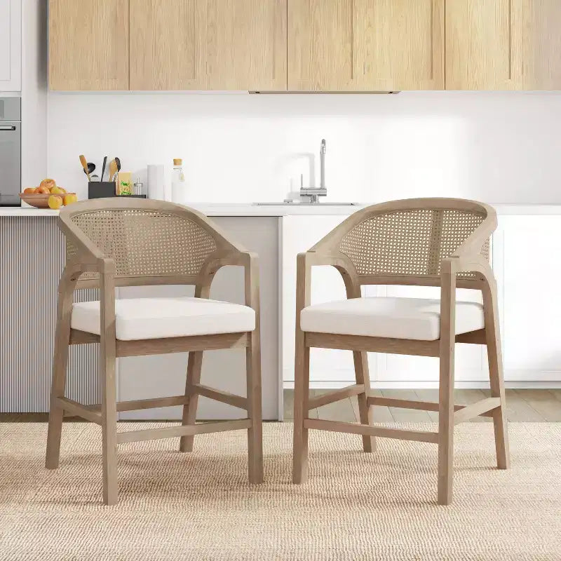 Christopher Knight Home Set of 2 Austin Rubberwood Upholstered with Cane Design Curved Back Counter Height Barstools Light Ash