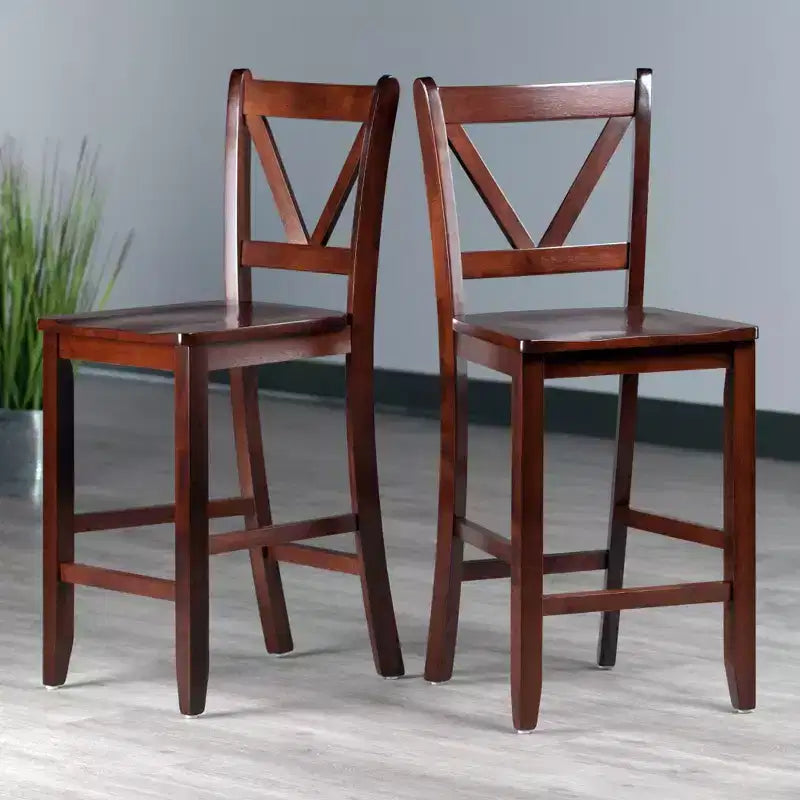 24" Set of 2 Victor V-Back Counter Height Barstool Wood/Walnut - Winsome