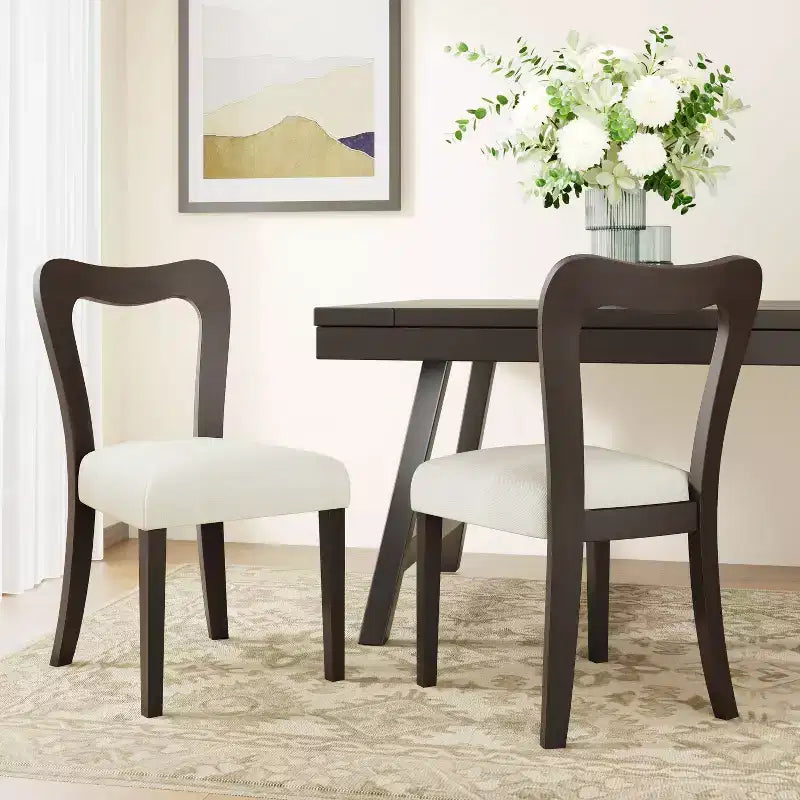 Christopher Knight Home Set of 2 Aaron Rubberwood Upholstered Dining Chairs with Curved Open Back Beige/Dark Brown