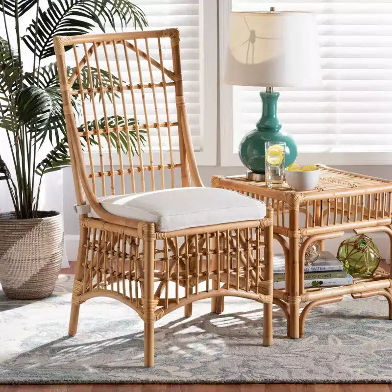 bali & pari Rose Fabric Upholstered and Rattan Dining Chair White/Natural: Cotton-Polyester Blend, Bohemian Style, No Assembly Required