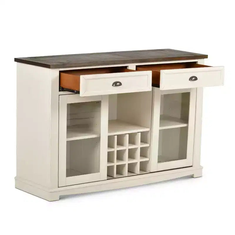 Steve Silver Co. Cayla Server Two-Toned: Farmhouse Style Credenza with Glass Doors, Stemware Racks