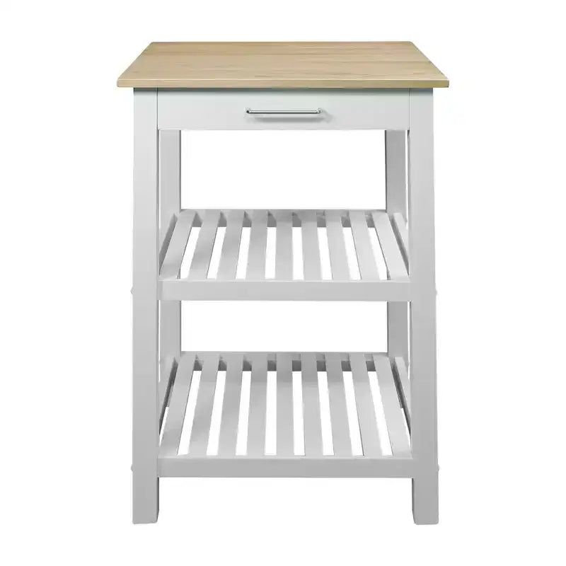 Sunrise Kitchen Island with Harvest Hardwood Top White/Natural - Flora Home: Sliding Drawer, Towel Rack, 2 Shelves