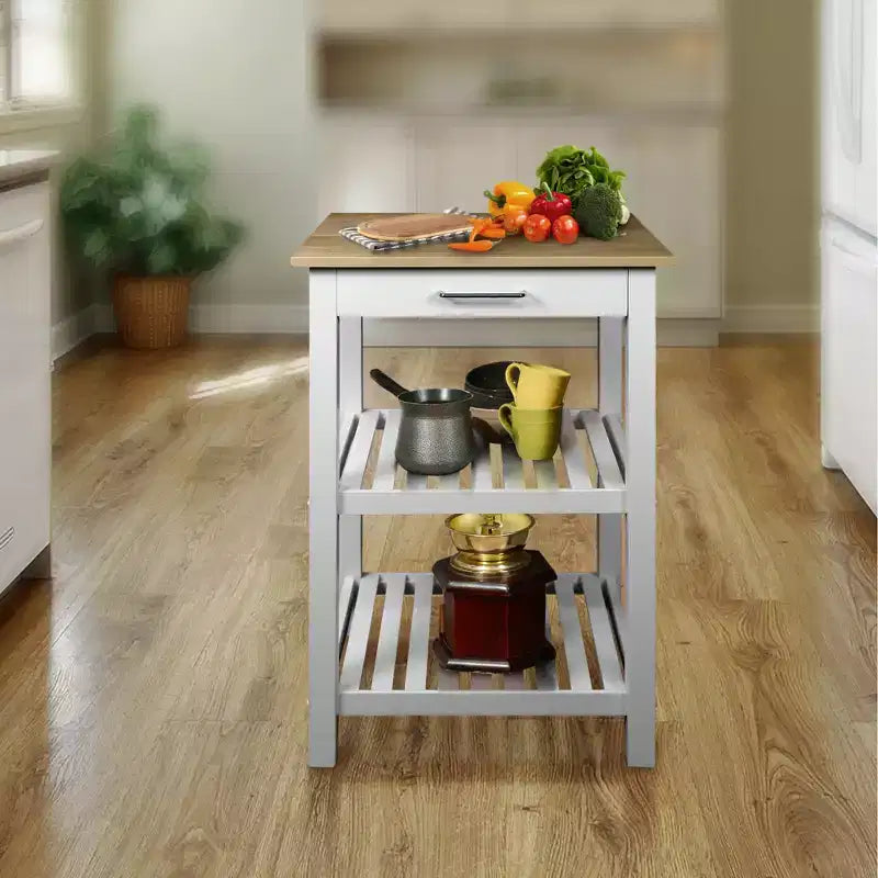 Sunrise Kitchen Island with Harvest Hardwood Top White/Natural - Flora Home: Sliding Drawer, Towel Rack, 2 Shelves