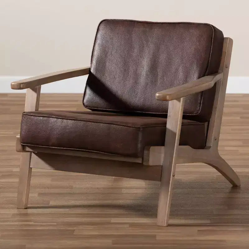 Fauteuil en bois rembourré en similicuir : Rembourrage en mousse confortable au design Mid-Century