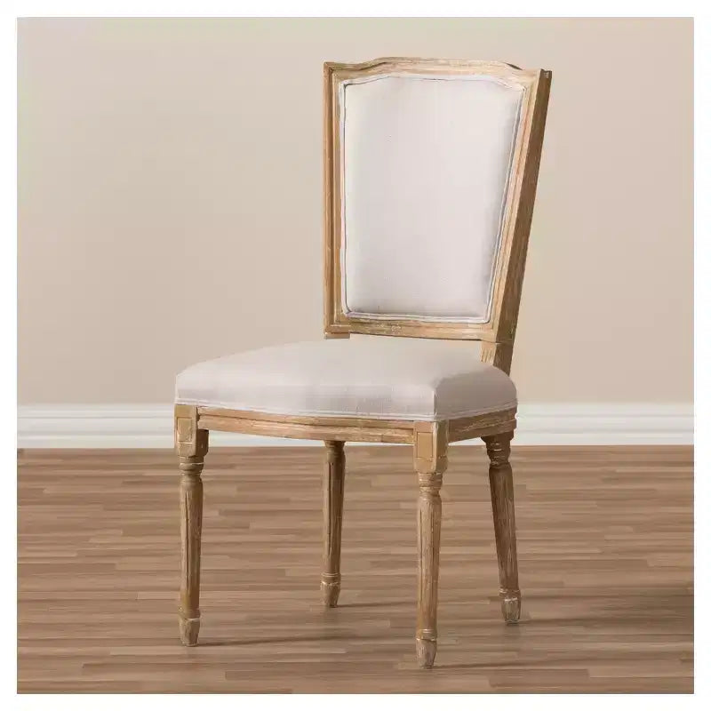 Cadencia French Vintage Cottage Weathered Oak & Beige Linen Chair - Baxton Studio: No Assembly, Solid Hardwood