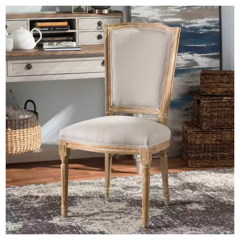 Cadencia French Vintage Cottage Weathered Oak & Beige Linen Chair - Baxton Studio: No Assembly, Solid Hardwood