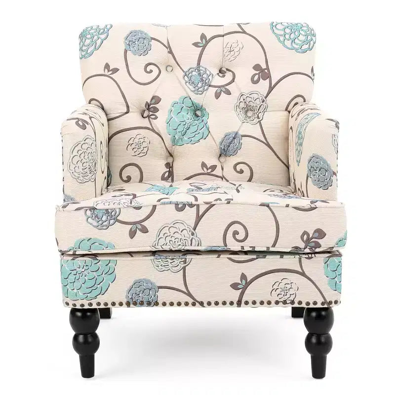 Christopher Knight Home Harrison Tufted Club Chair - White/Blue: Upholstered Accent, Floral Pattern, Hardwood Frame
