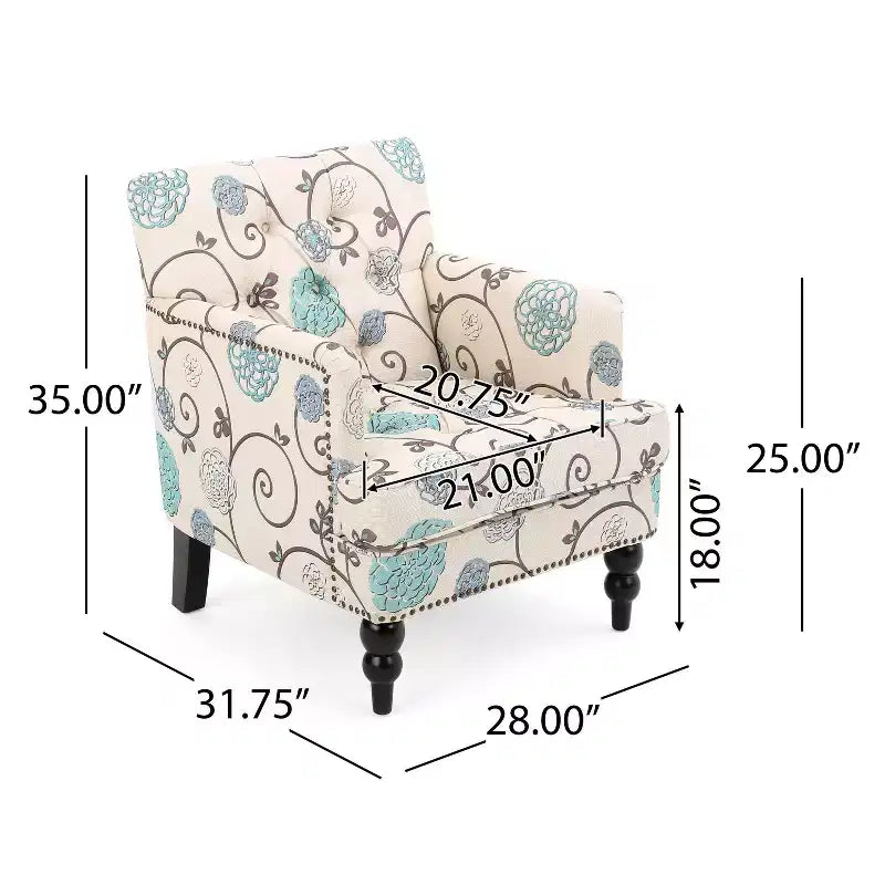 Christopher Knight Home Harrison Tufted Club Chair - White/Blue: Upholstered Accent, Floral Pattern, Hardwood Frame