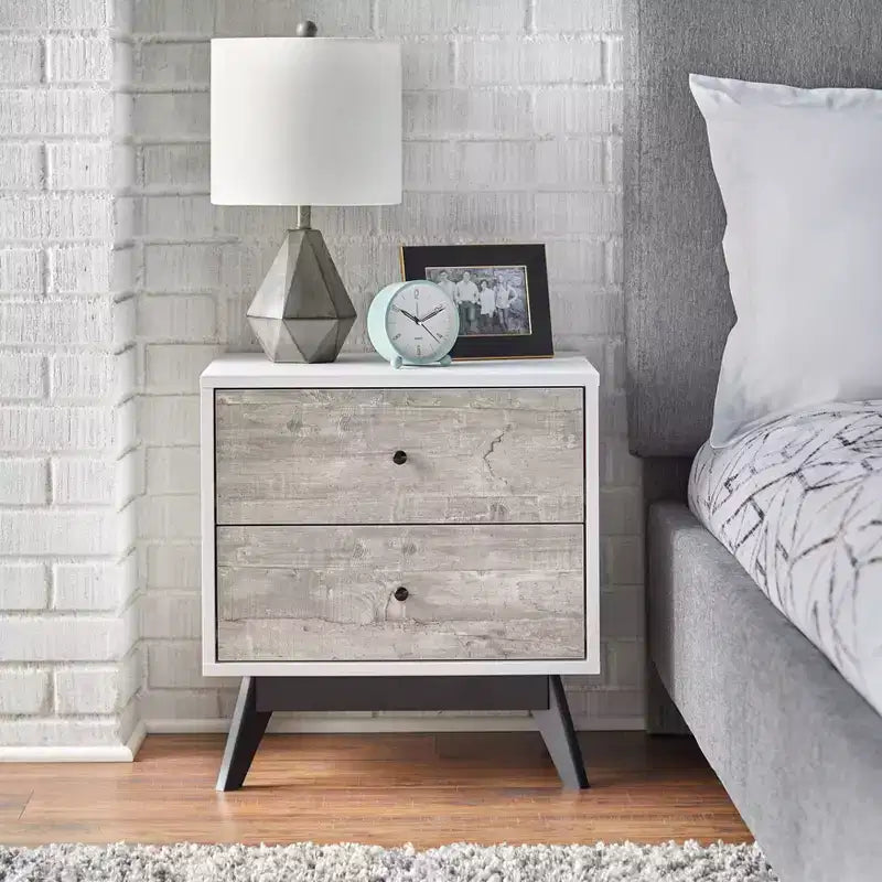 Buylateral Crislana Mid-Century 2 Drawer Nightstand White/Weathered Gray