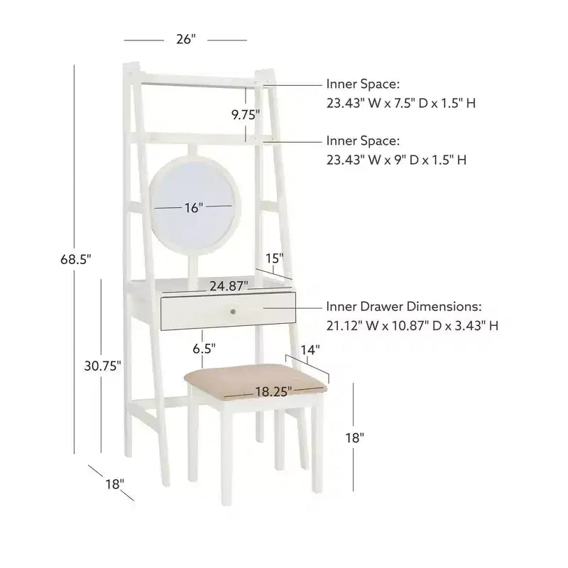 Alaina Wood Leaning Ladder Vanity Set with Upholstered Stool & Storage - Linon