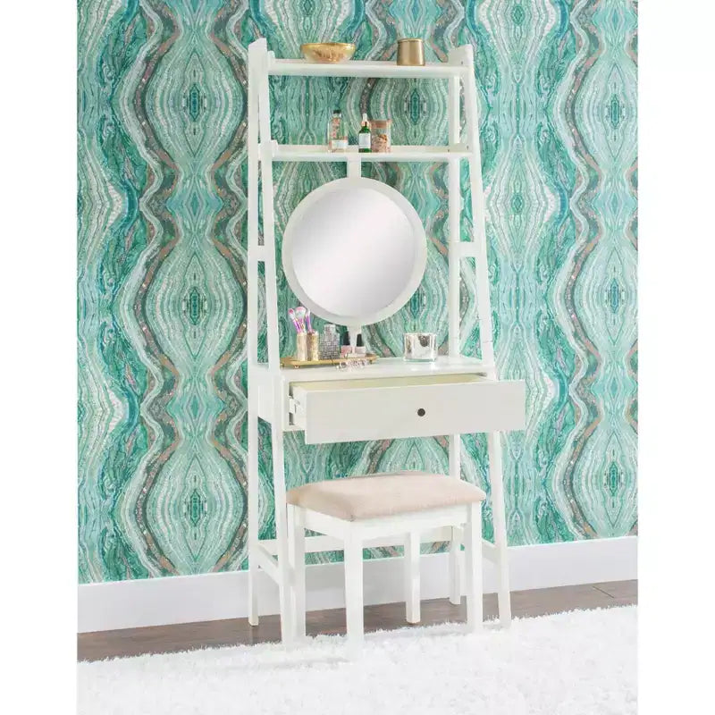 Alaina Wood Leaning Ladder Vanity Set with Upholstered Stool & Storage - Linon