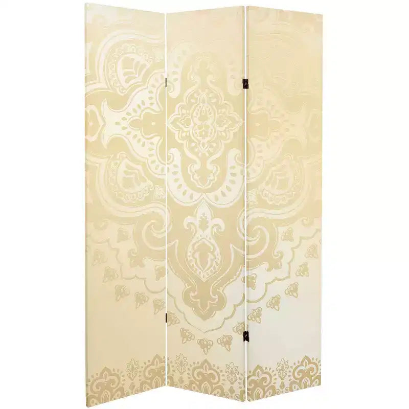 Oriental Furniture 6" Double Sided Mandala Pattern Canvas Room Divider Ivory: Adjustable 3-Panel Biombo, Spruce Wood Frame