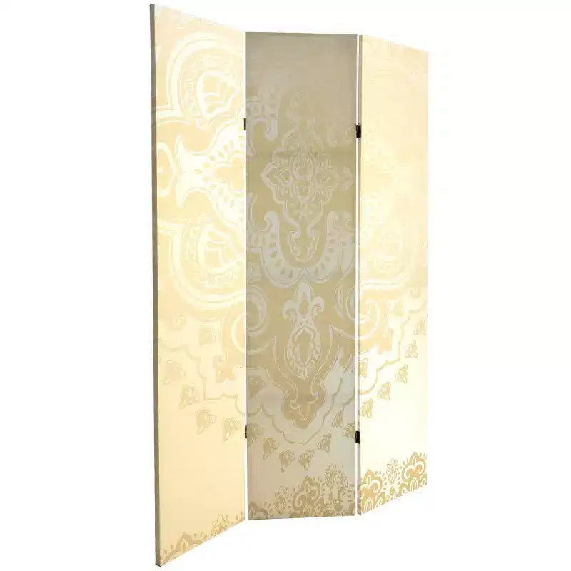 Oriental Furniture 6" Double Sided Mandala Pattern Canvas Room Divider Ivory: Adjustable 3-Panel Biombo, Spruce Wood Frame