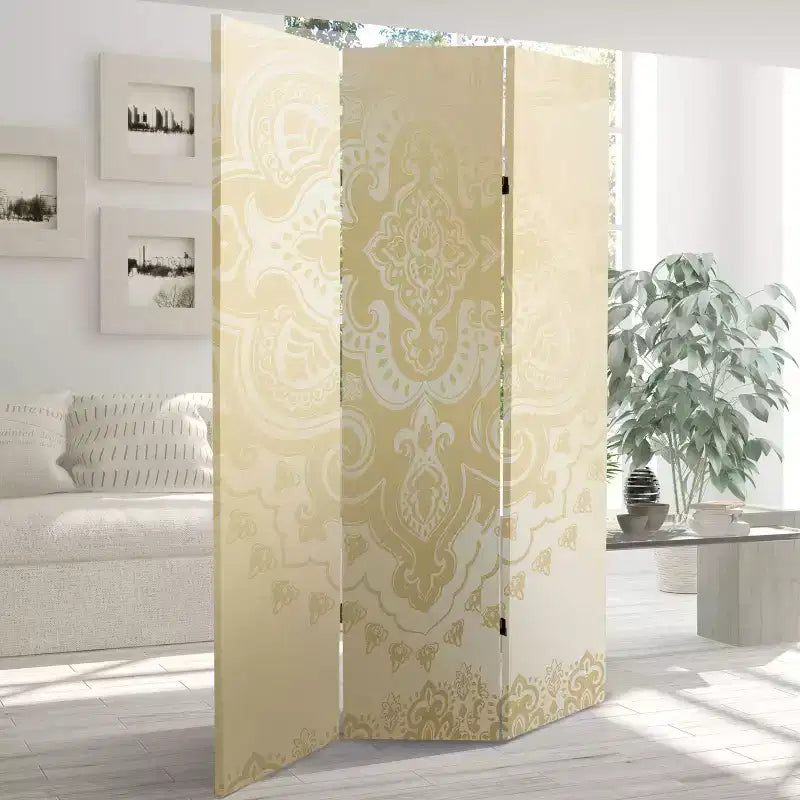 Oriental Furniture 6" Double Sided Mandala Pattern Canvas Room Divider Ivory: Adjustable 3-Panel Biombo, Spruce Wood Frame
