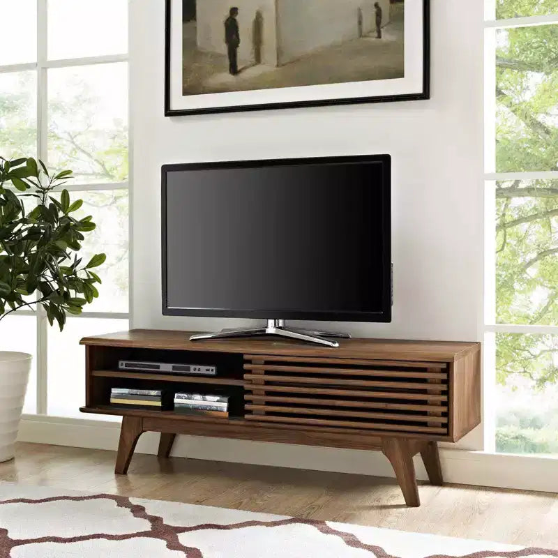 Render TV Stand for TVs up to 55": Mid-Century Media Console for 55" TVs, Walnut Grain, Sliding Doors - Modway