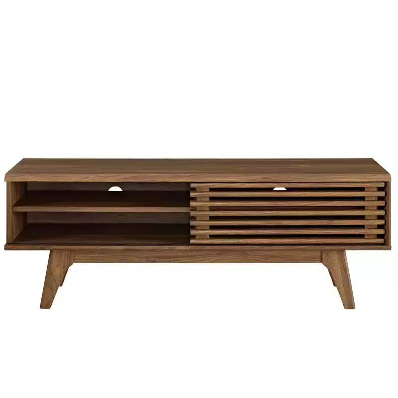 Render TV Stand for TVs up to 55": Mid-Century Media Console for 55" TVs, Walnut Grain, Sliding Doors - Modway