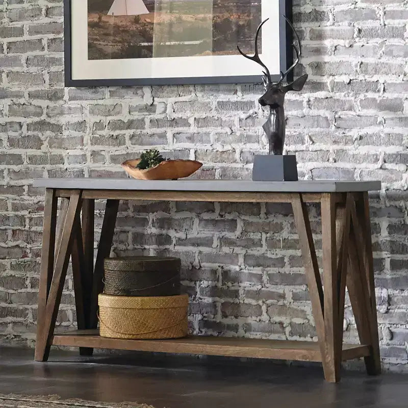 Table console média de 132 cm avec plateau en béton et bois gris clair/marron