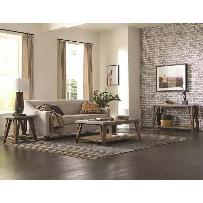 Table console média de 132 cm avec plateau en béton et bois gris clair/marron