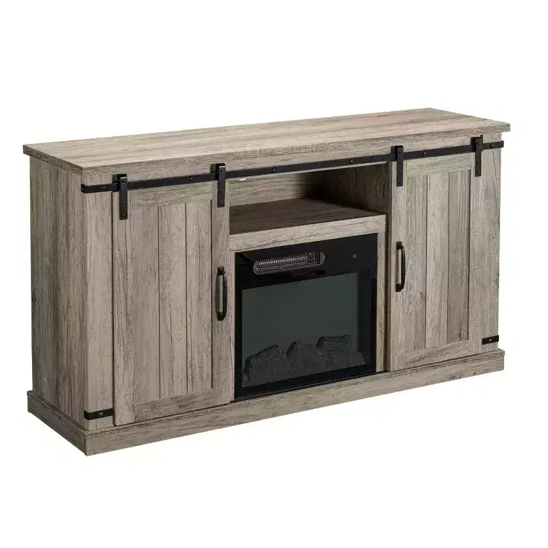Sliding Doors Electric Fireplace TV Stand for TVs up to 60" Antique Gray Oak - Home Essentials: MDF & Nickel Hardware, Cable Management