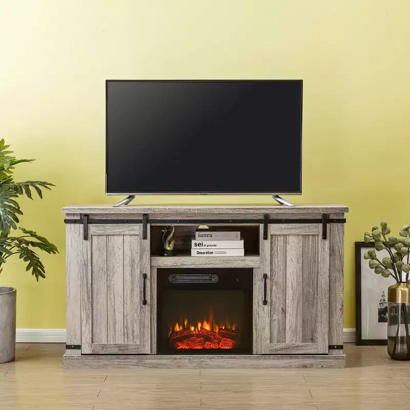 Sliding Doors Electric Fireplace TV Stand for TVs up to 60" Antique Gray Oak - Home Essentials: MDF & Nickel Hardware, Cable Management