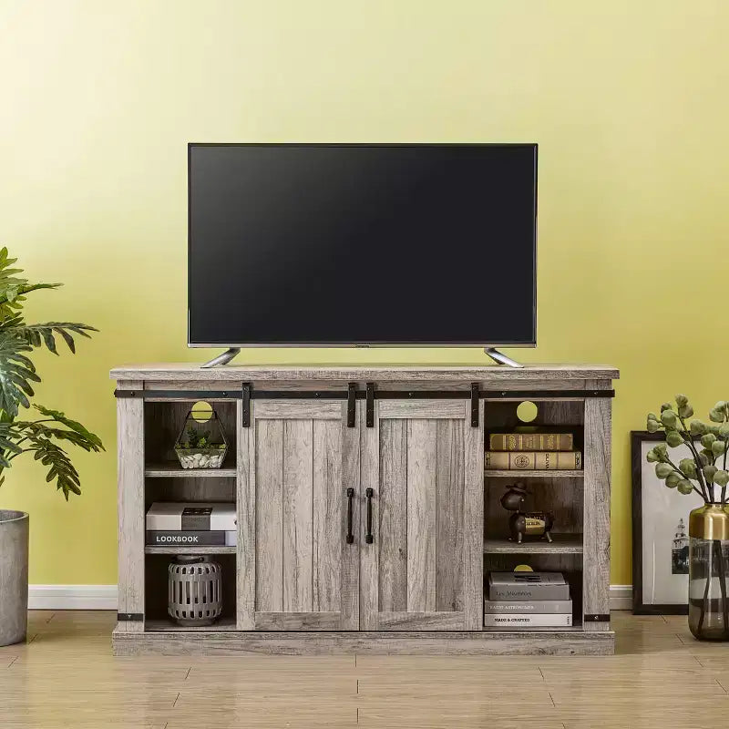 Sliding Doors Electric Fireplace TV Stand for TVs up to 60" Antique Gray Oak - Home Essentials: MDF & Nickel Hardware, Cable Management