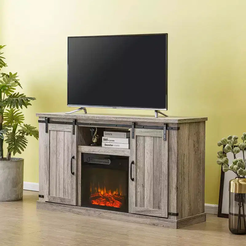 Sliding Doors Electric Fireplace TV Stand for TVs up to 60" Antique Gray Oak - Home Essentials: MDF & Nickel Hardware, Cable Management