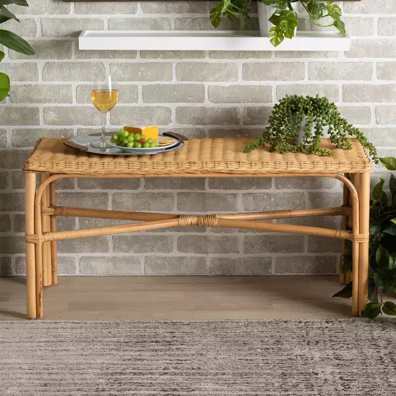 Cacaban Rattan Accent Bench Natural/Brown - bali & pari: Handcrafted, Indoor Furniture, Entryway Seating
