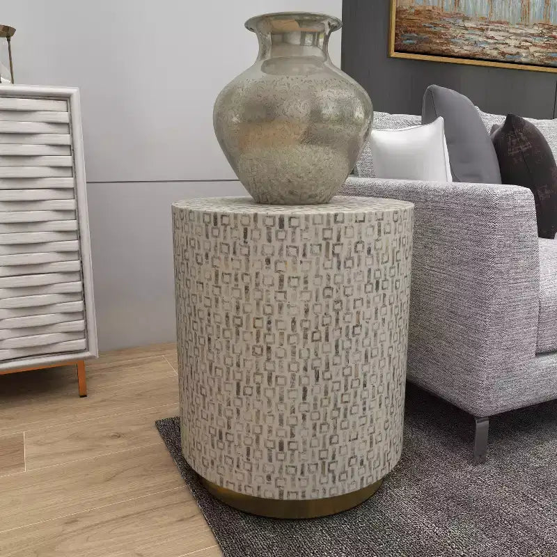 Contemporary Mother of Pearl Stool White - Olivia & May: Modern Round Accent, MDF Frame, Solid Pattern, 22.35" Seat Height