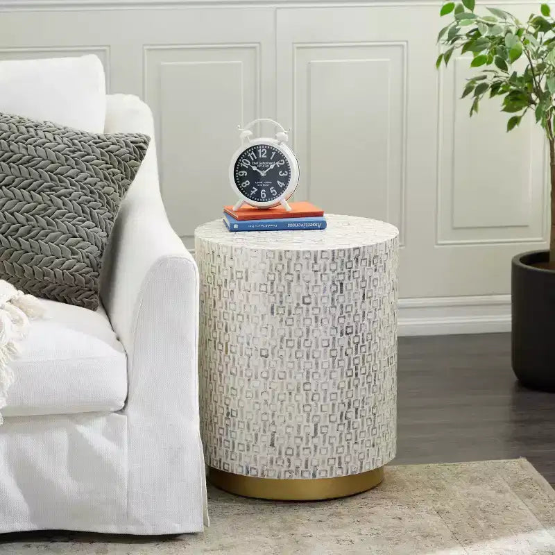 Contemporary Mother of Pearl Stool White - Olivia & May: Modern Round Accent, MDF Frame, Solid Pattern, 22.35" Seat Height