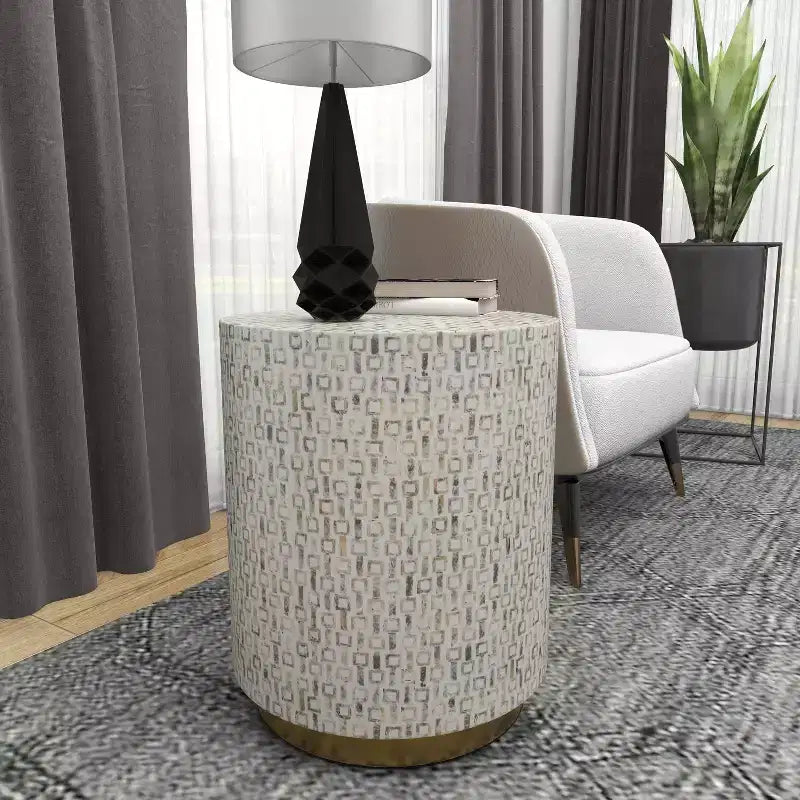 Contemporary Mother of Pearl Stool White - Olivia & May: Modern Round Accent, MDF Frame, Solid Pattern, 22.35" Seat Height